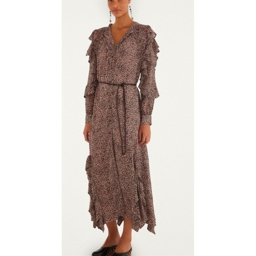 NWT Farm Rio Leopard Print Ruffle Maxi Dress BrownTan Animal Print Sheer Sleeves